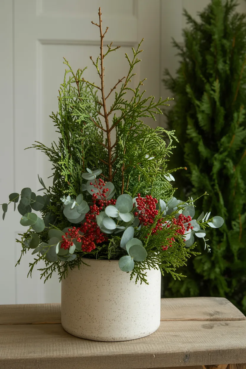Winter Evergreen and Berry Pot Display