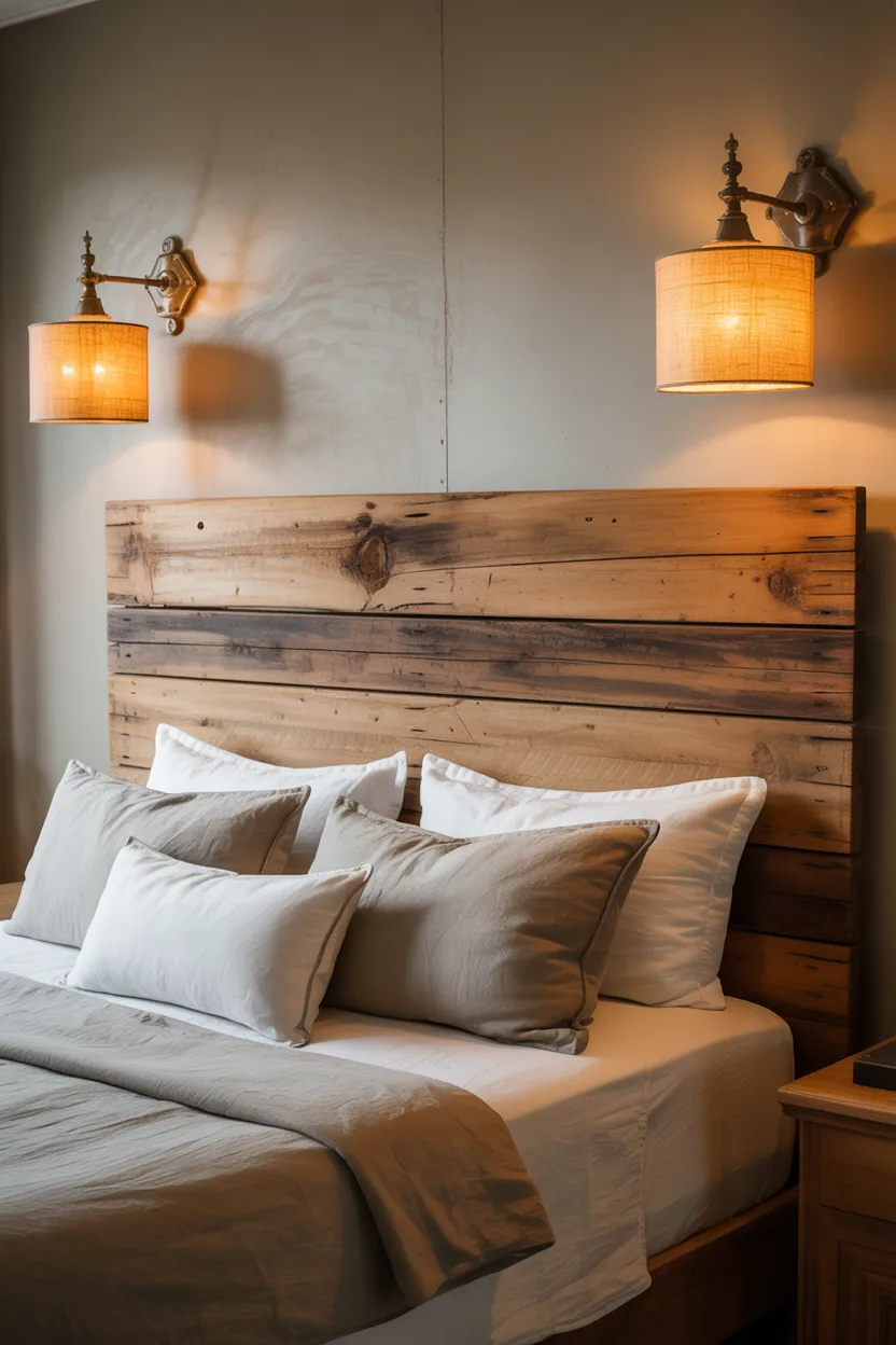 Cozy Farmhouse Bedroom Ideas Reclaimed Wood Headboard With Vintage Brass Wall Sconces
