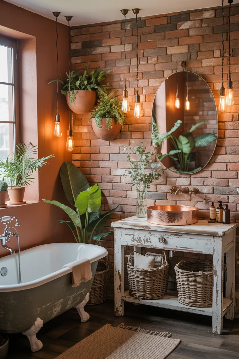  Earthy Boho Bathroom With Exposed Brick and Warm Lighting