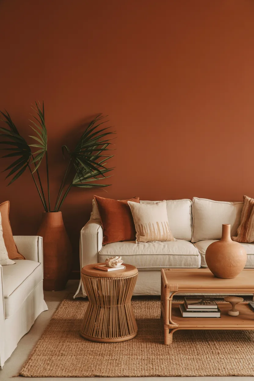 Colorful Apartment Ideas Terracotta Accent Wall With Warm Neutral Furniture