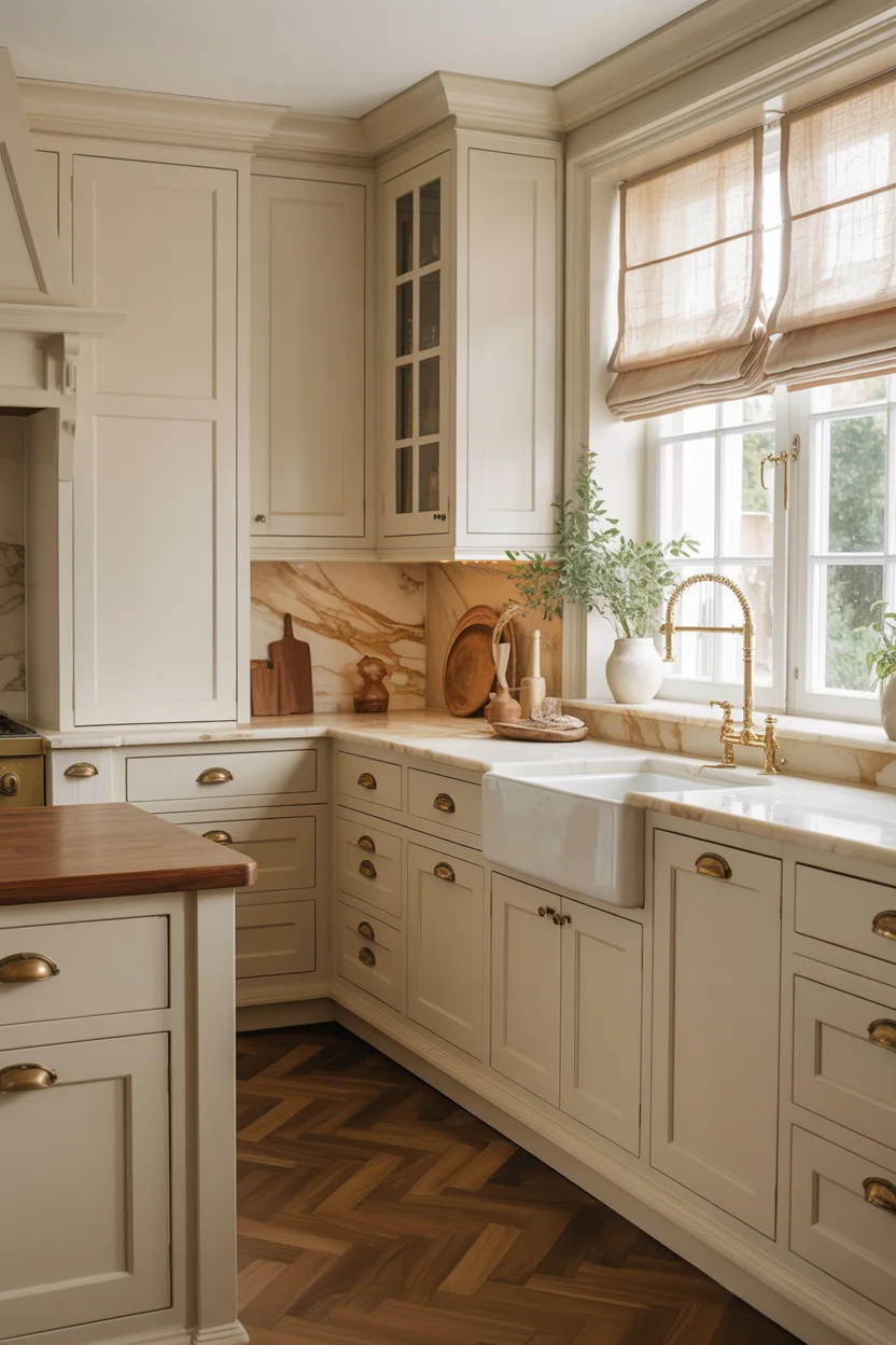 Warm Ivory Shaker Cabinets With Aged Brass