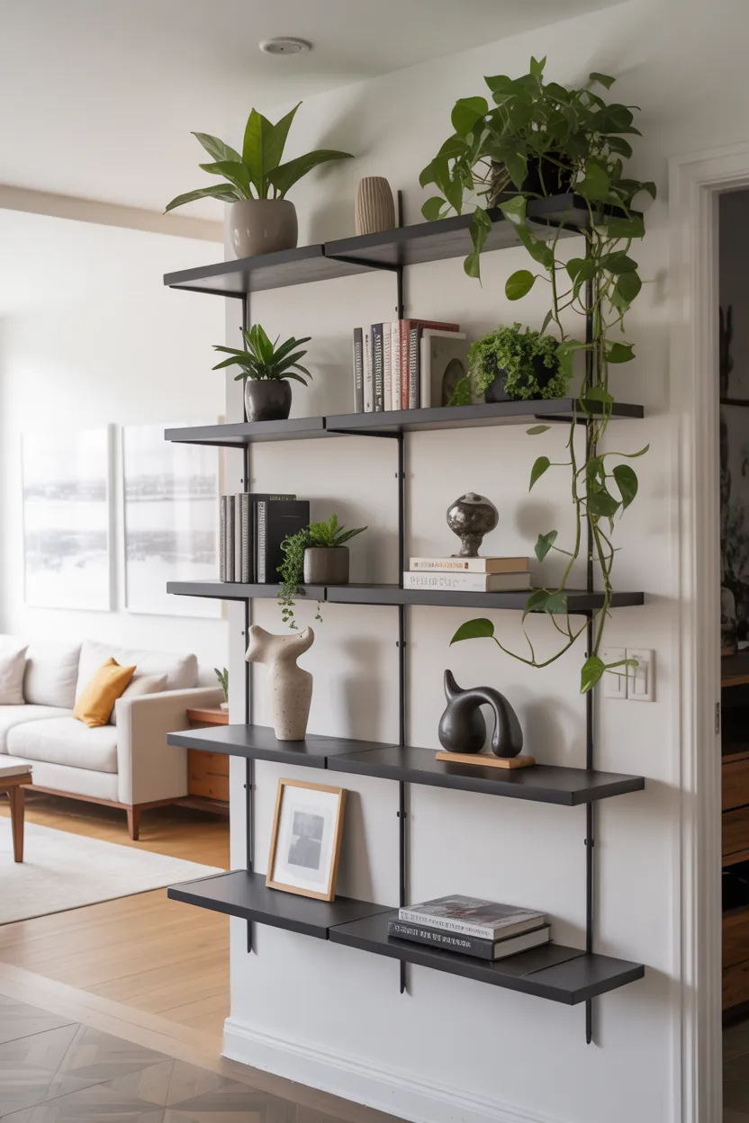 Create a Floating Shelf Wall Between Entry and Living Room