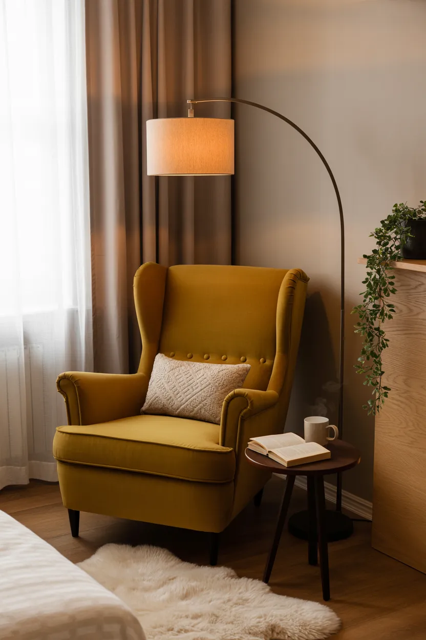 Bedroom Corner Reading Nook With Floor Lamp and Armchair