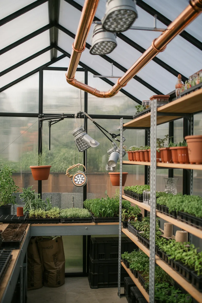 Greenhouse-Style Sunroom With Exposed Piping and Grow Lights