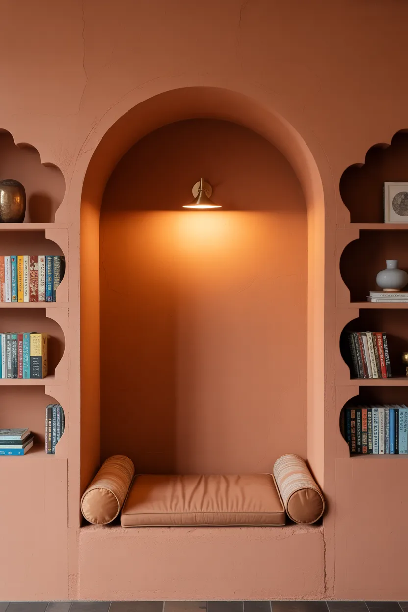 Reading Nook Alcove With Painted Arch and Scalloped Shelves
