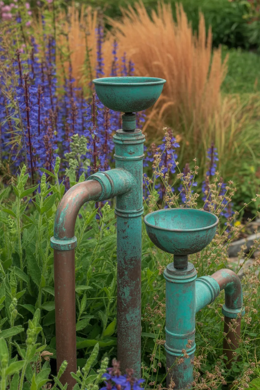 Copper Garden Sprinkler and Pipe Sculpture