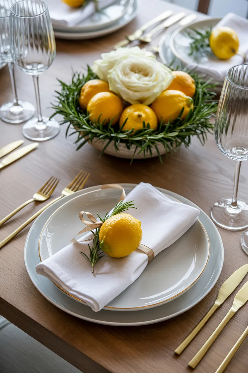 Lemon and Ribbon Tied Napkin Centerpiece
