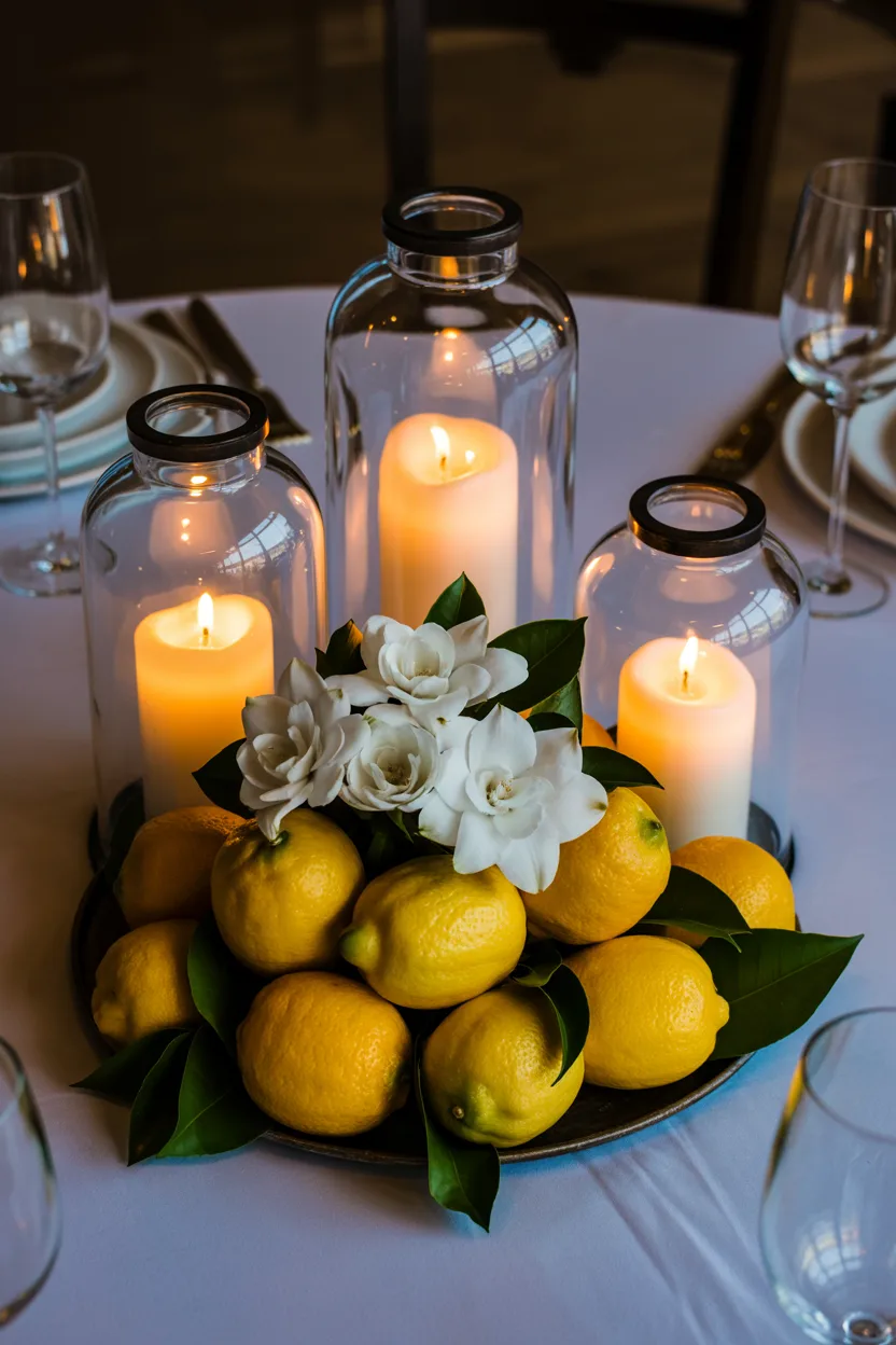  Lemon and Candle Lantern Centerpiece