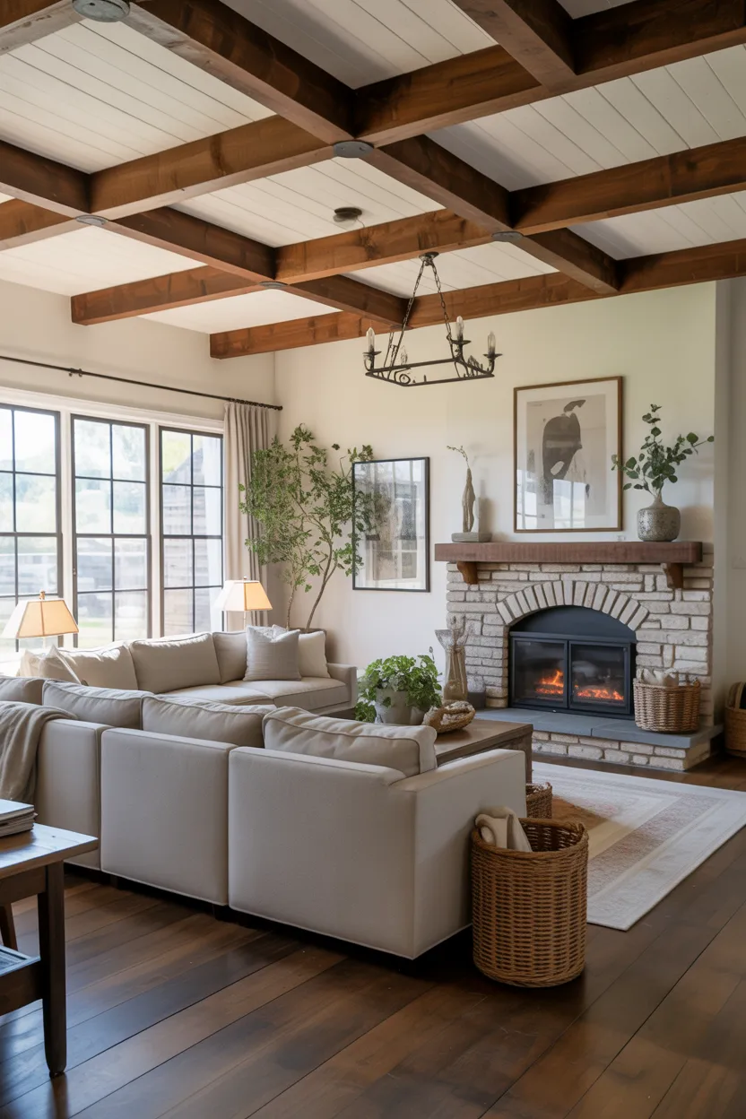 Farmhouse Living Room Ideas Exposed Wooden Beams on the Ceiling