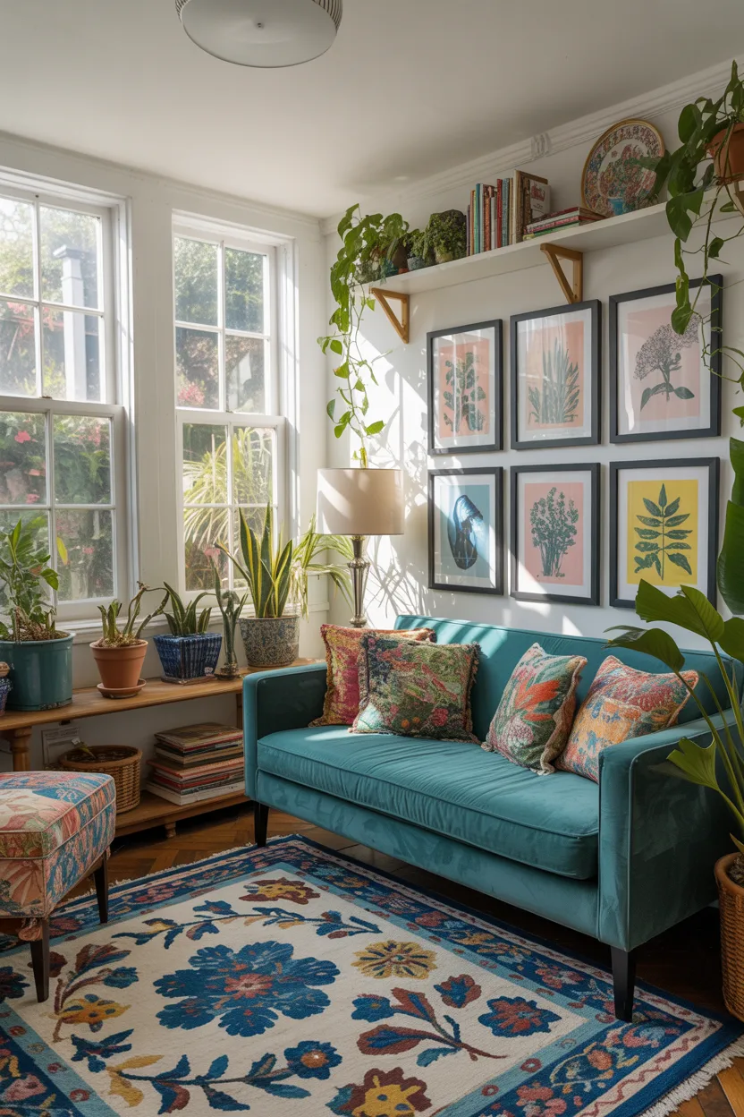 Colorful Maximalist Sunroom With Gallery Wall and Bold Patterns
