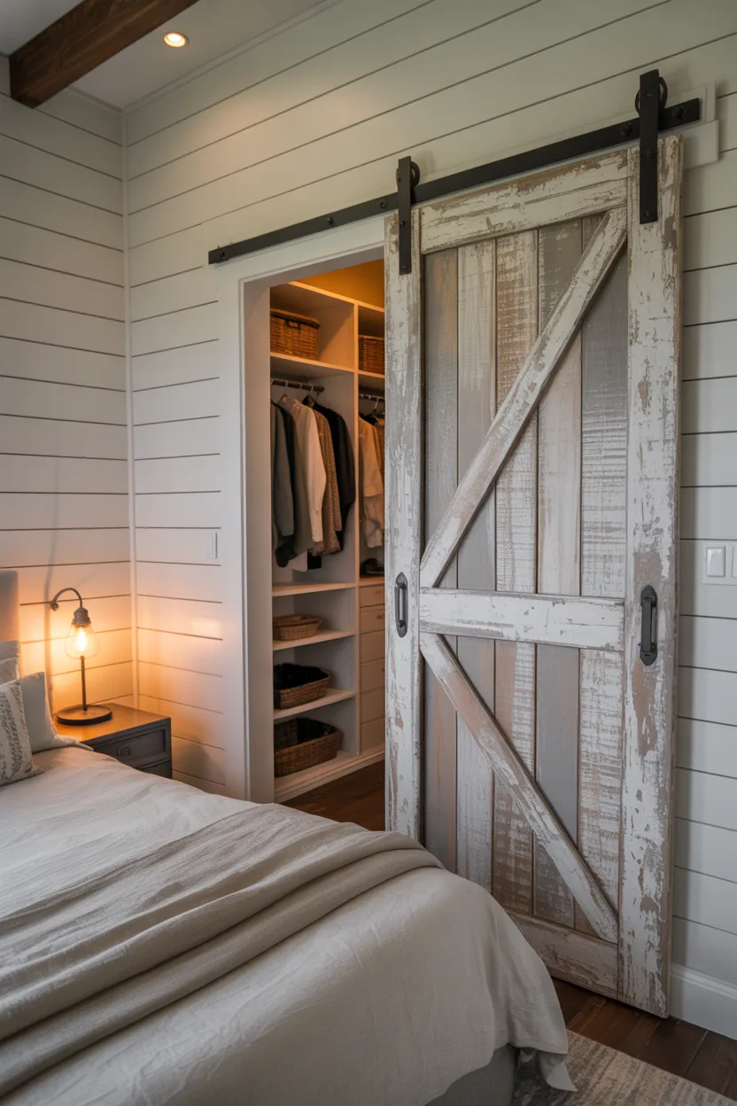 Barn Door Sliding Closet With Weathered Grey Timber