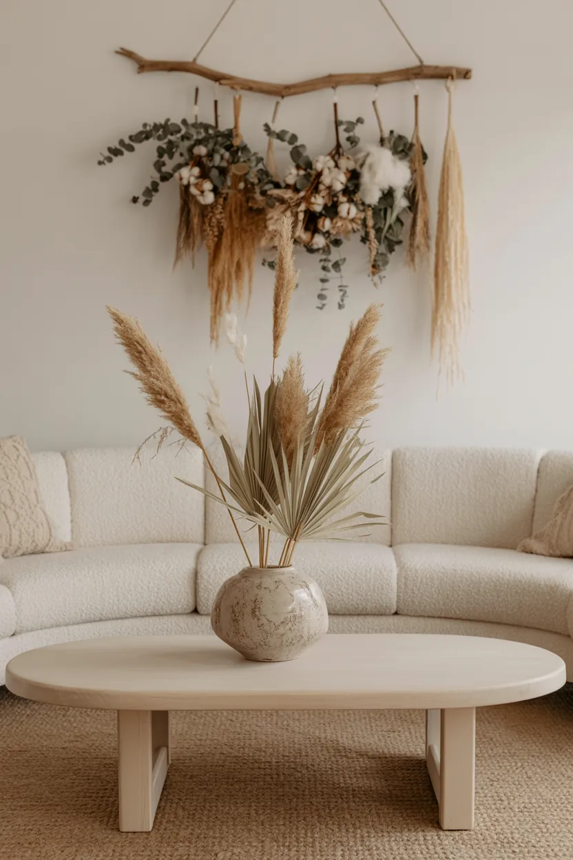 Boho Living Room Ideas Earthy Neutral Palette With Pampas Grass and Dried Botanicals