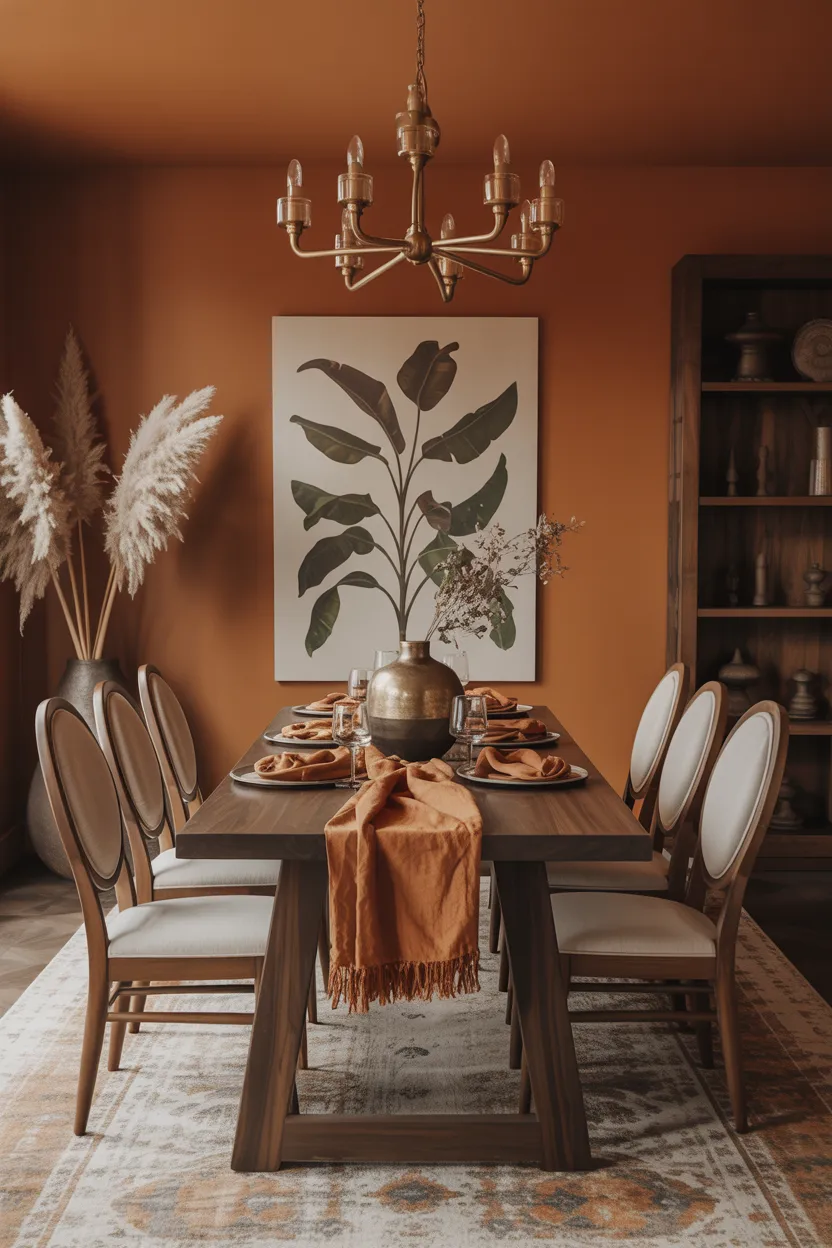 Rust Orange Dining Room With Dark Wood Furniture
