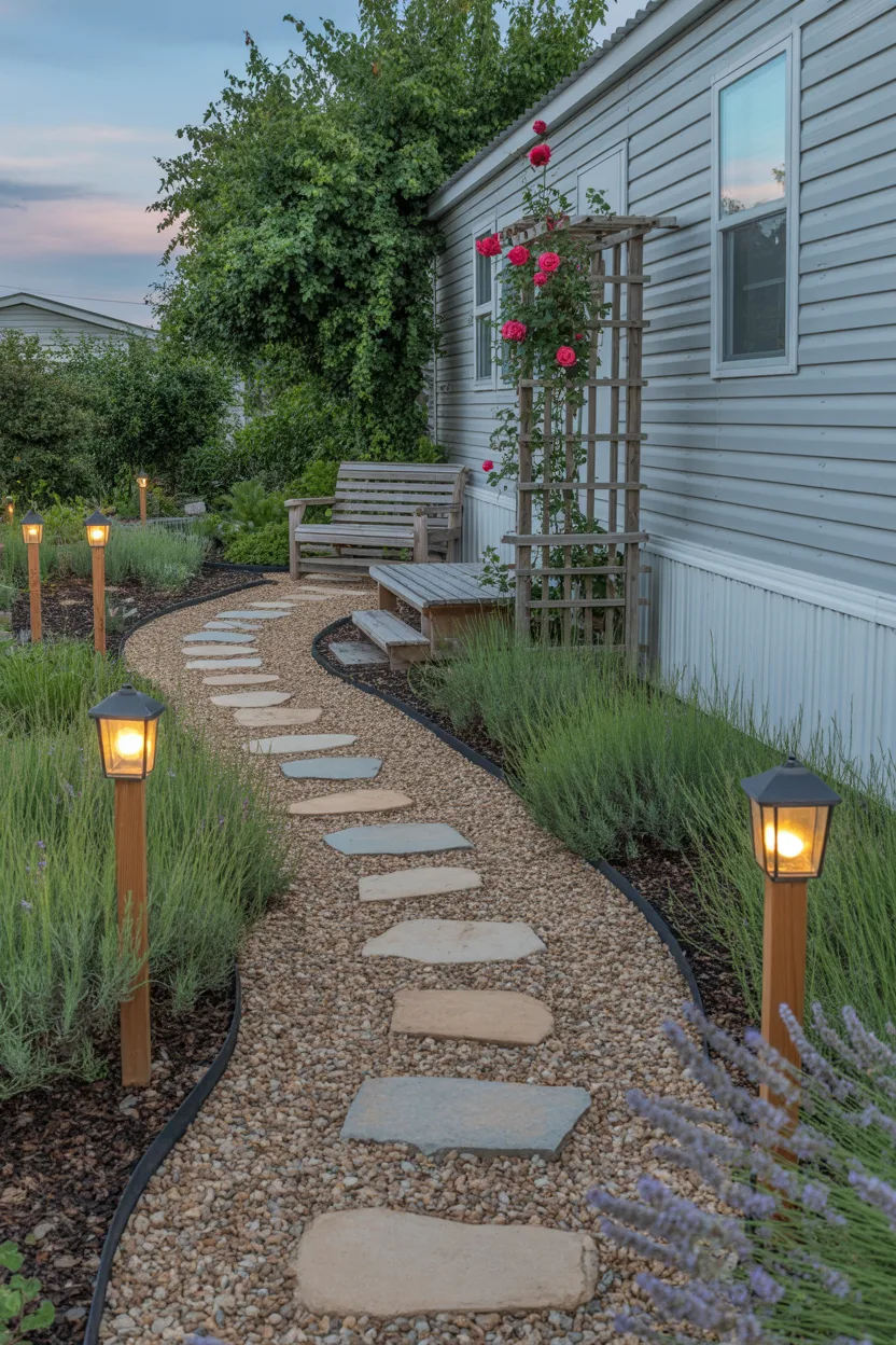  Gravel and Stepping Stone Path Garden With Solar Lanterns
