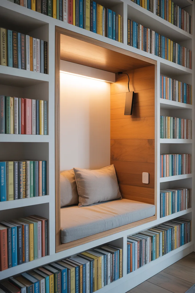 Floating Shelf Reading Nook With Seat Built Into the Wall
