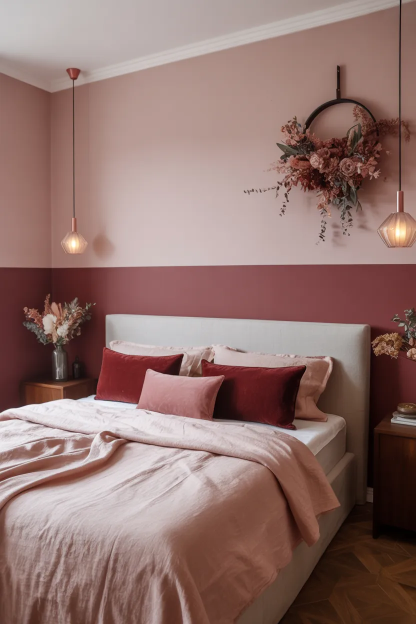 Blush Pink and Burgundy Color Blocking in the Bedroom
