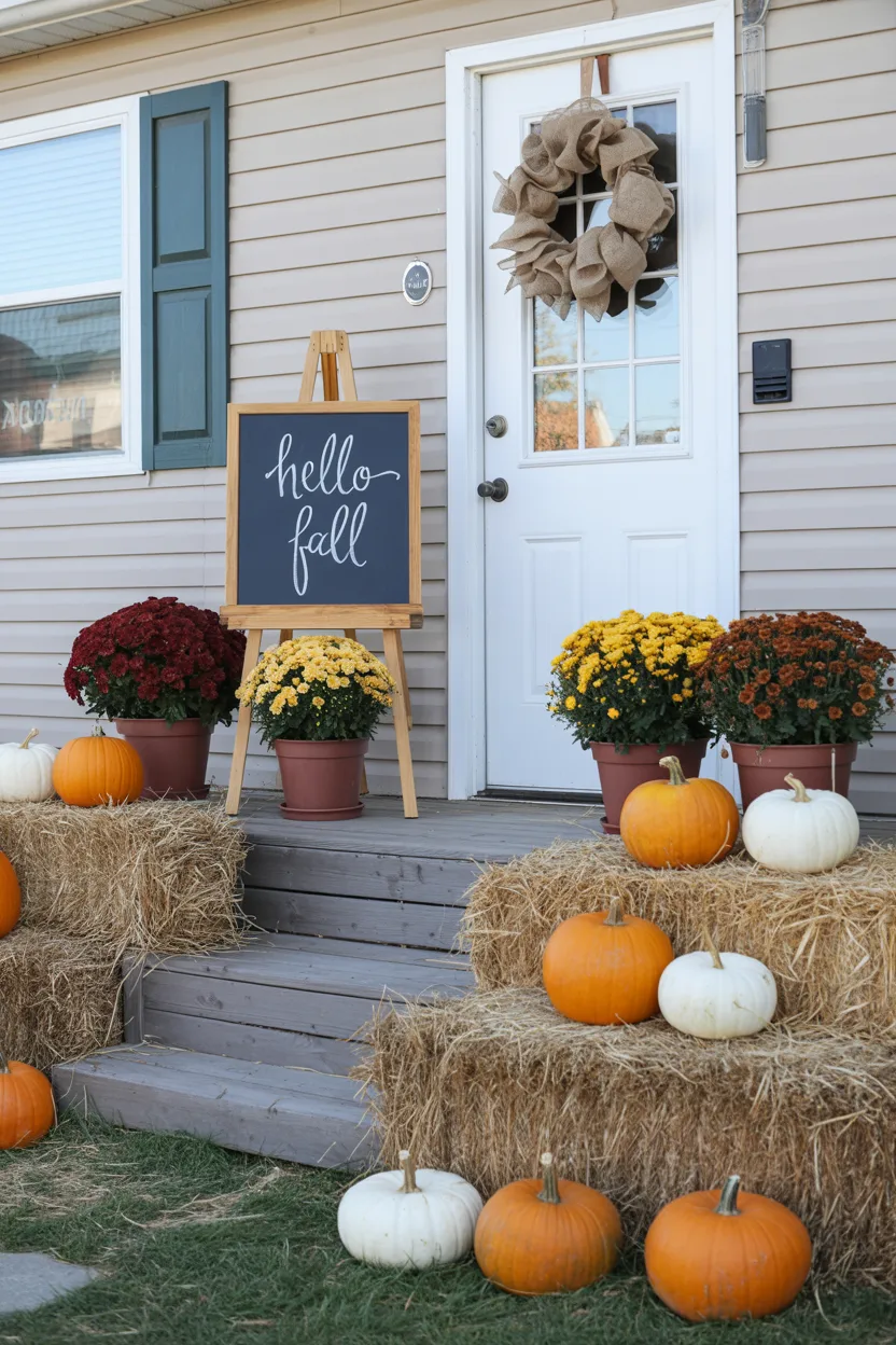 Seasonal Décor Porch With Pumpkins, Mums, and Hay Bales in Fall