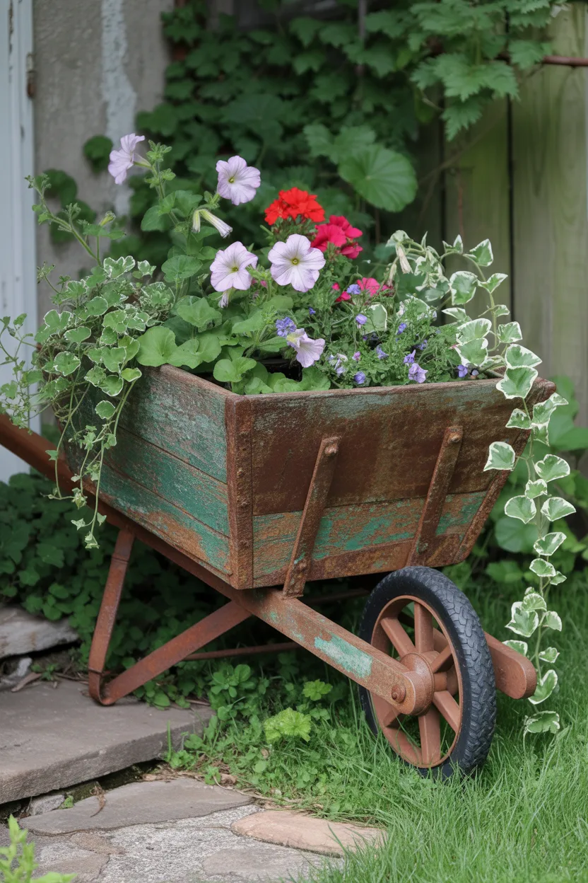 Vintage Garden Decor Ideas Antique Wheelbarrow Planter Display