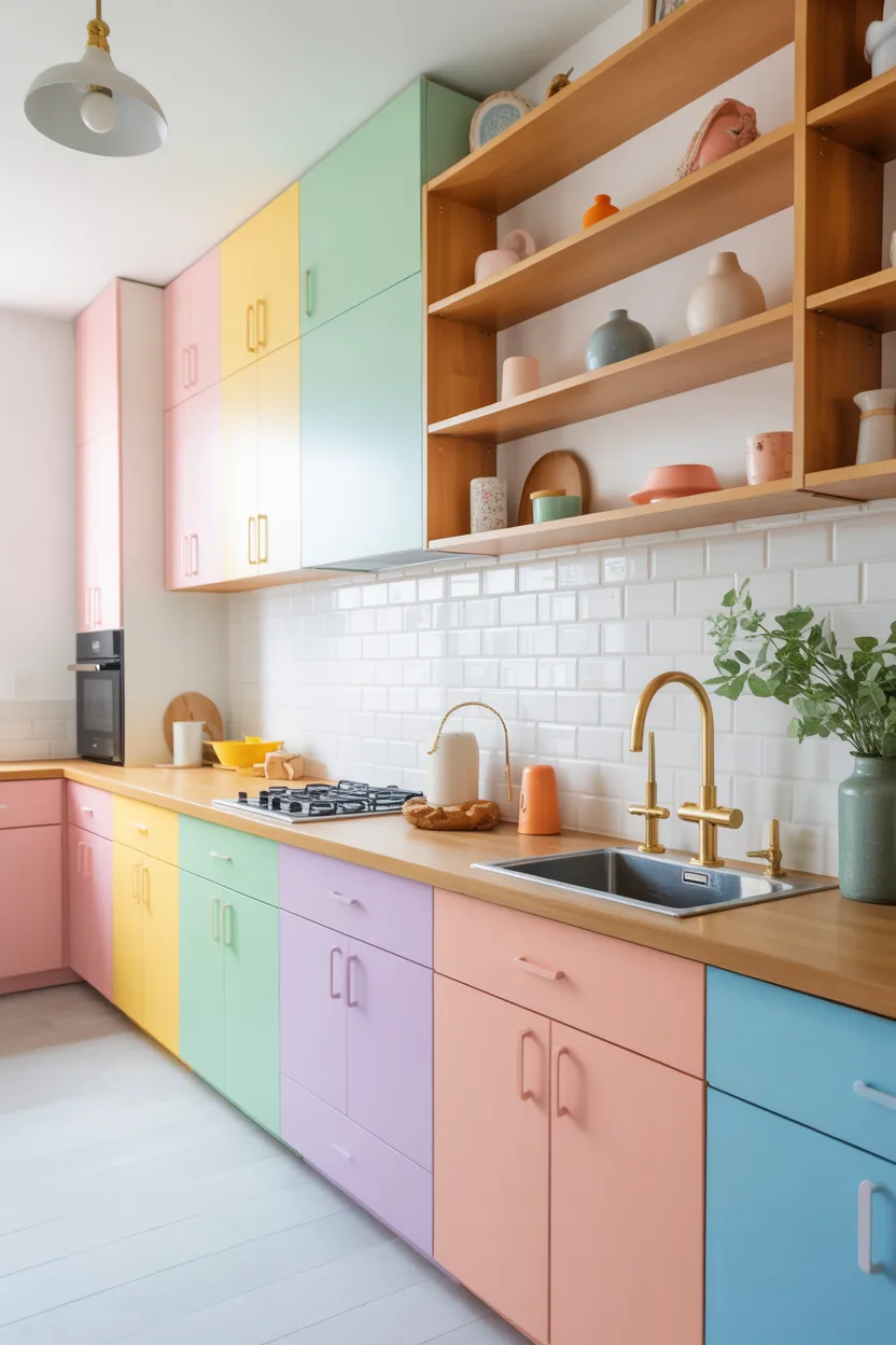  Pastel Rainbow Kitchen With Open Shelving