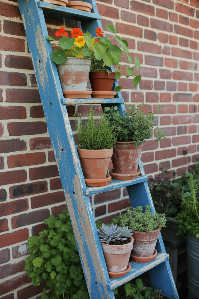 Old Wooden Ladder Plant Display