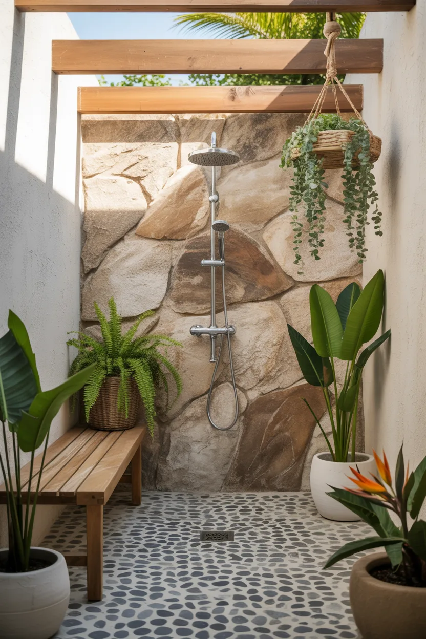 Outdoor Shower Boho Bathroom With Stone Wall and Plants