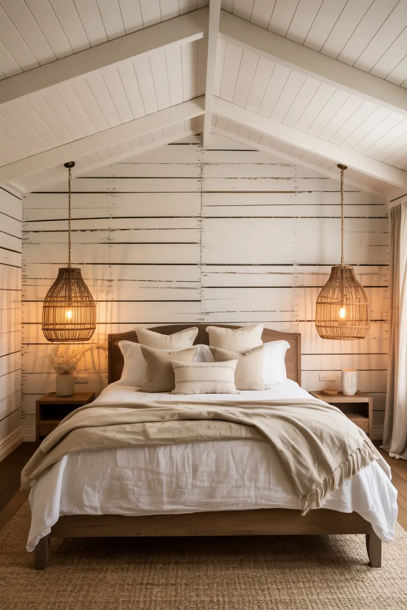 Farmhouse Master Bedroom With Shiplap Ceiling and Pendant Lights