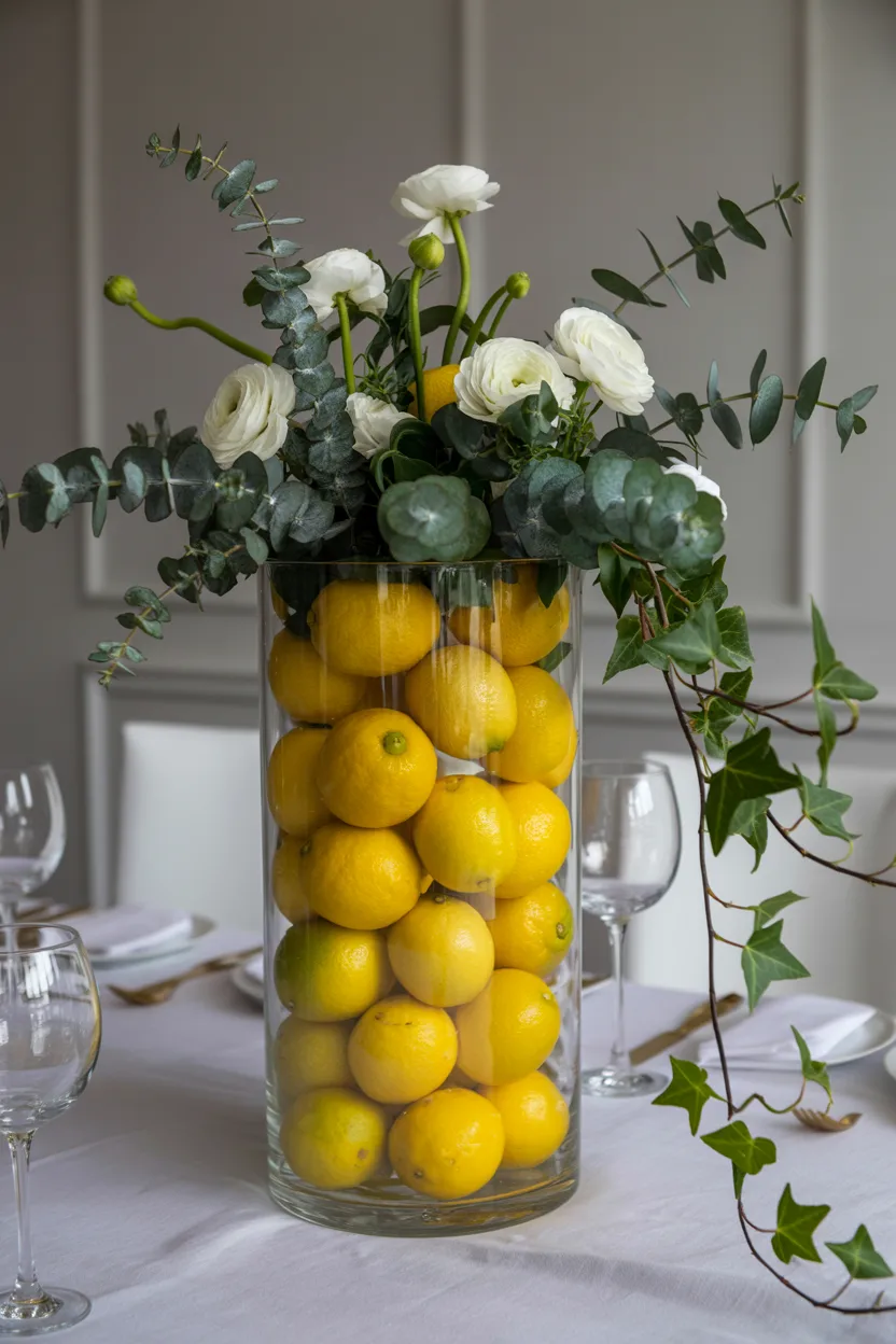 Lemon Centerpiece Ideas Tall Glass Cylinder Vase Filled with Lemons and Greenery