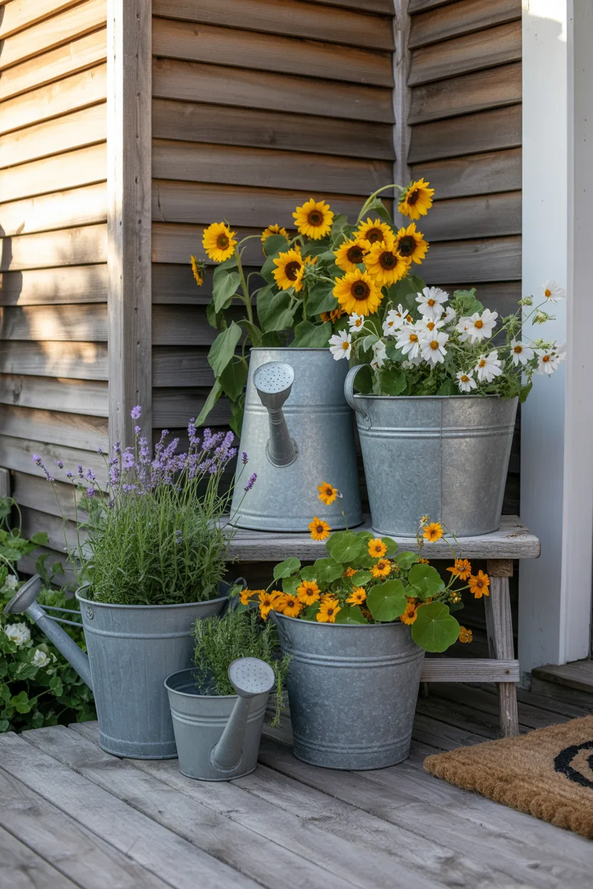 Farmhouse Galvanized Metal Bucket Arrangement
