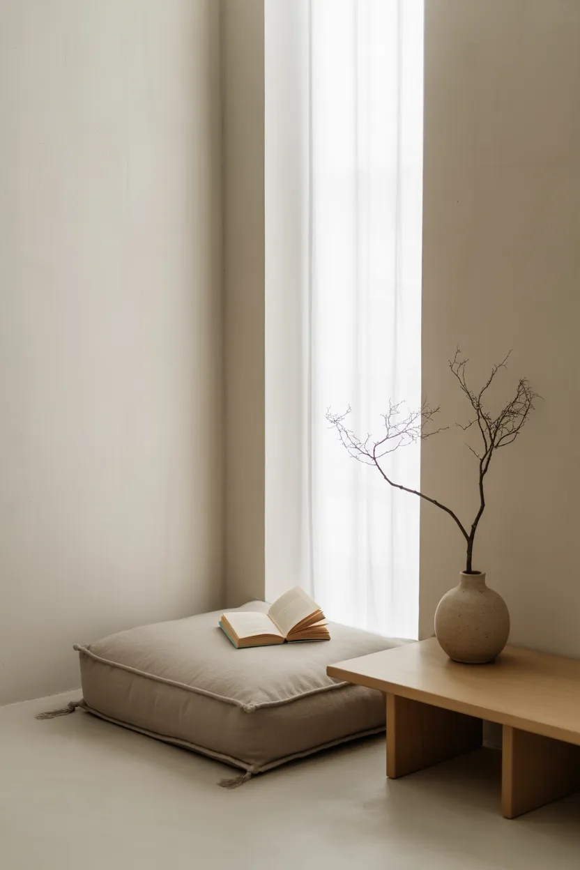 Minimalist Reading Nook With Japandi Aesthetic and Floor Cushion