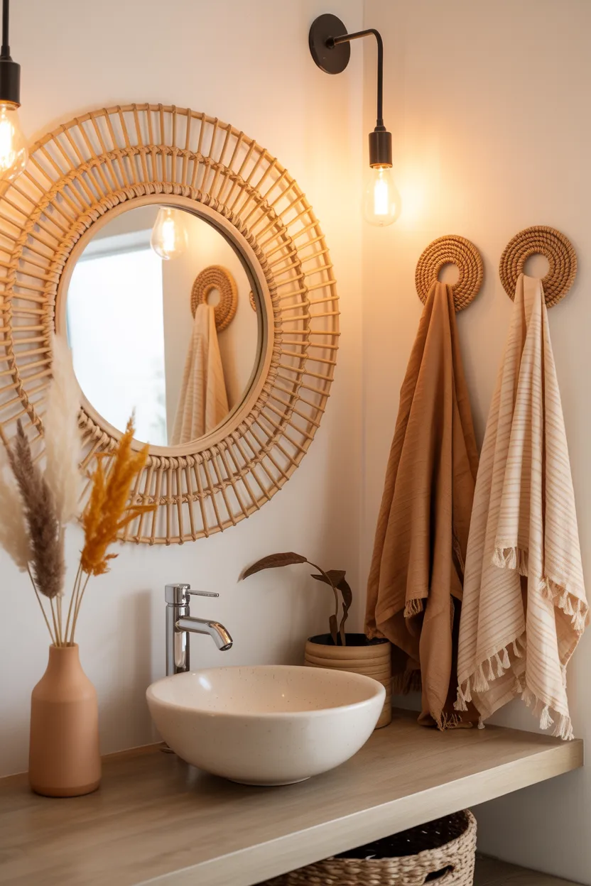 Boho Bathroom Ideas Rattan Mirror With Woven Towel Hooks and Macrame Accents
