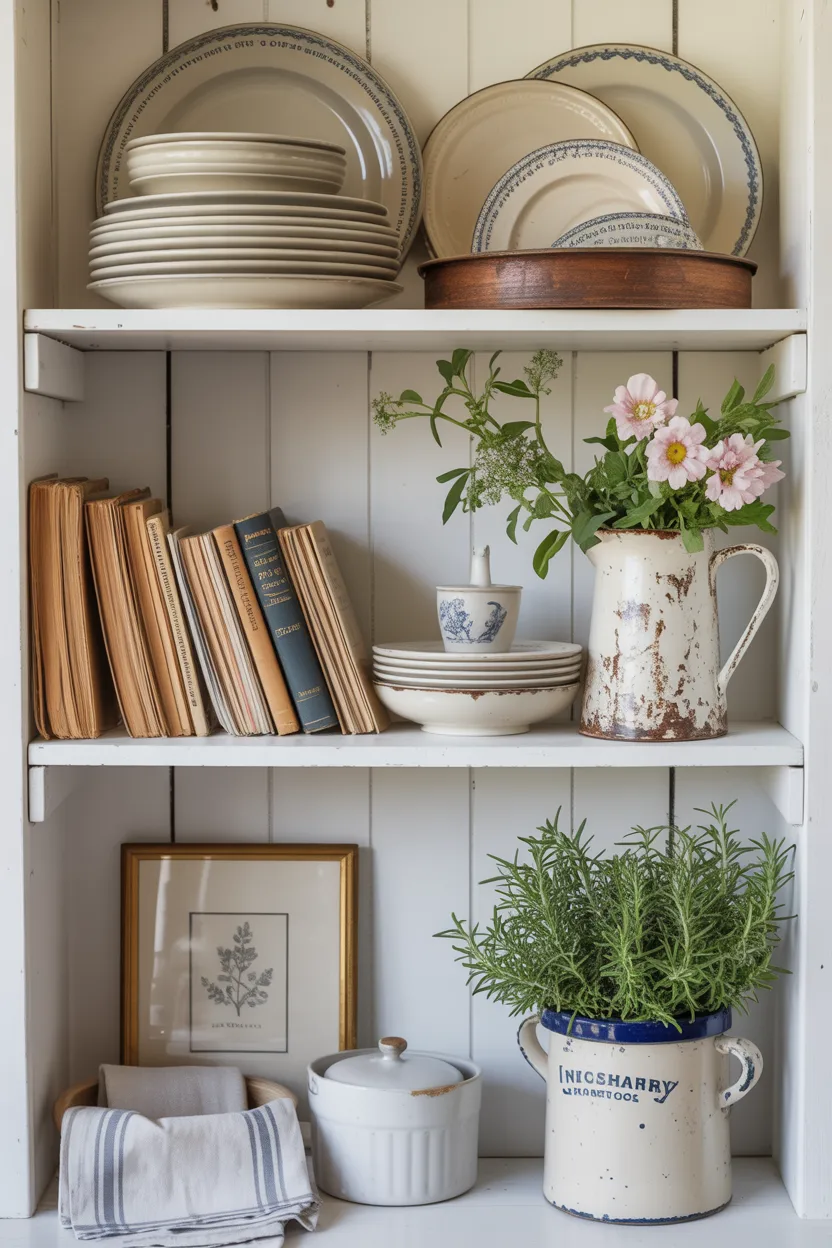 Rustic Open Kitchen Shelving With Ironstone, Books, and Fresh Florals