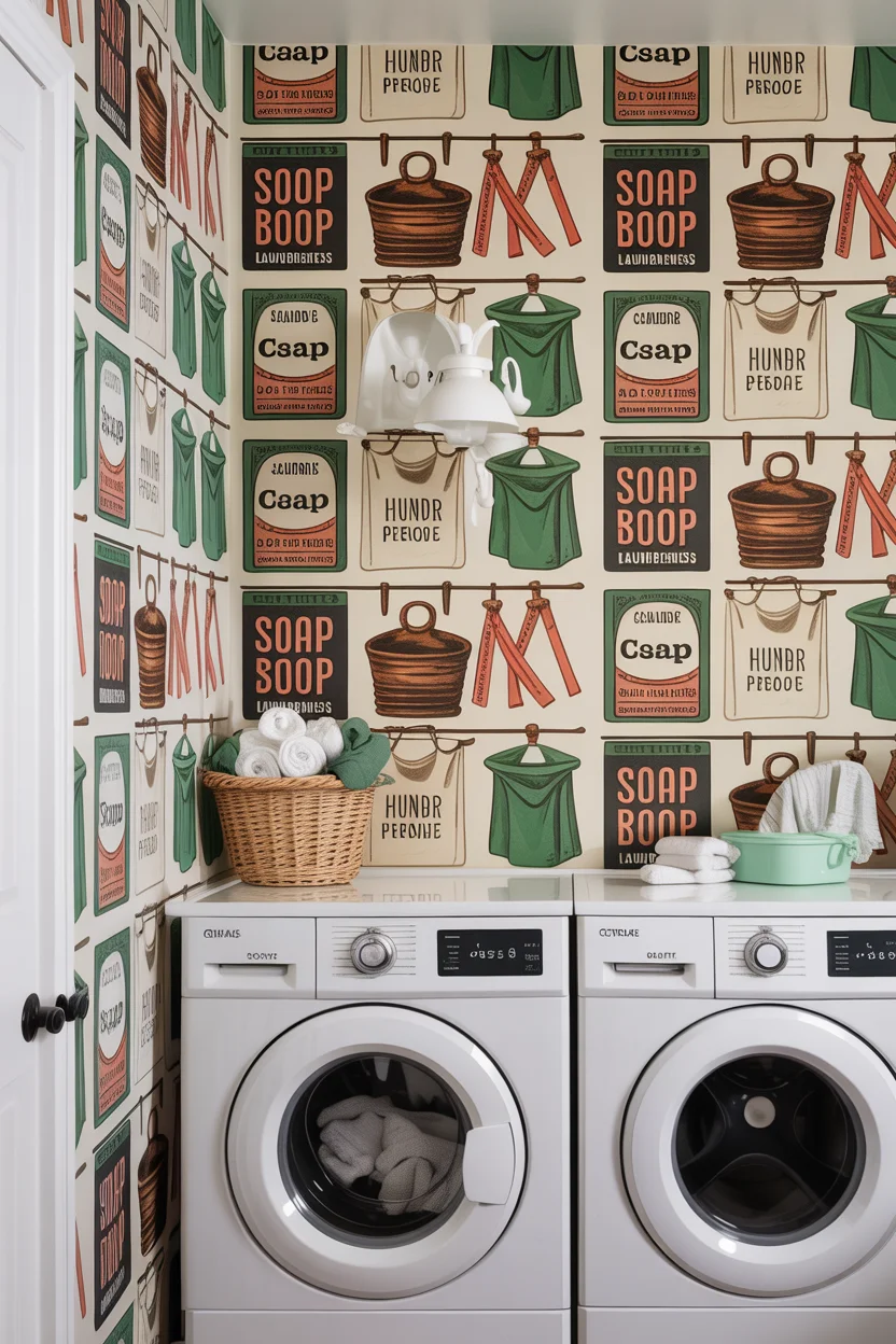 Vintage Laundry-Themed Print Wallpaper