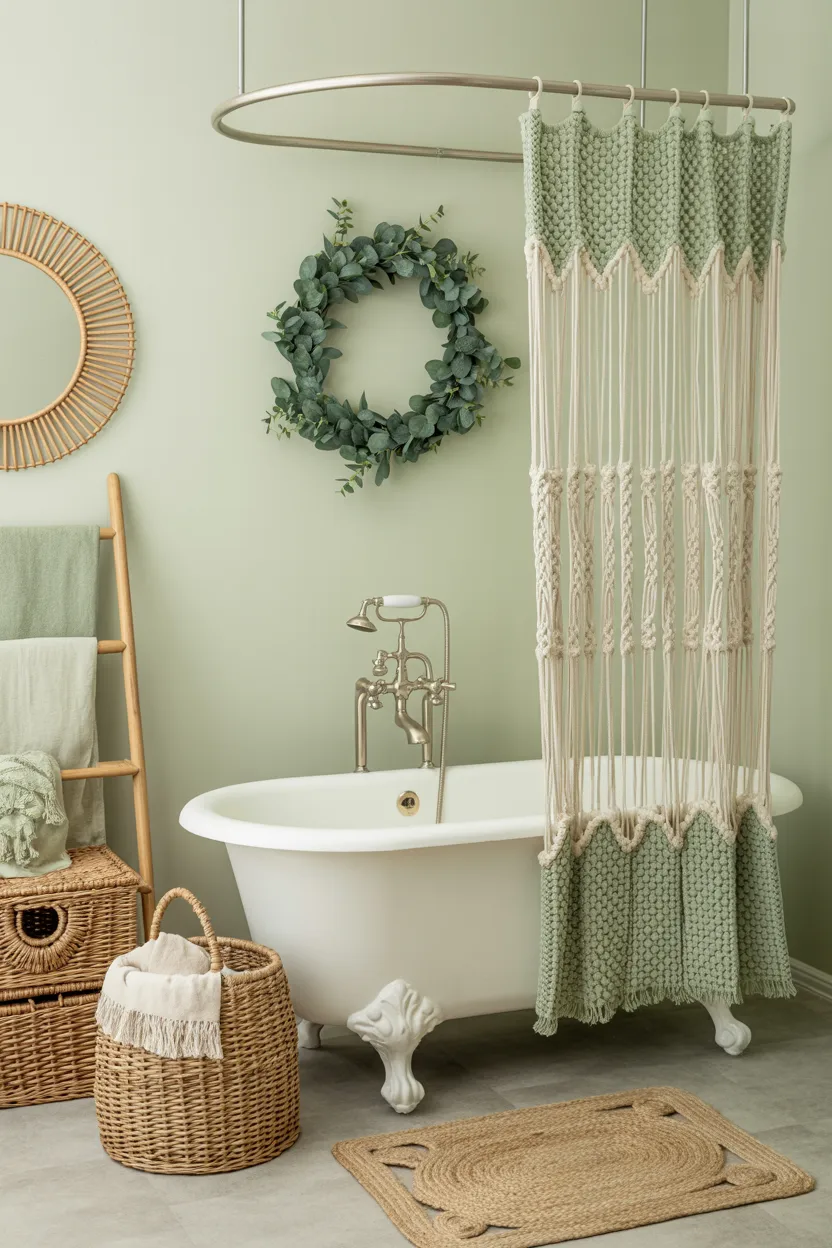 Sage Green Boho Bathroom With Macrame Shower Curtain