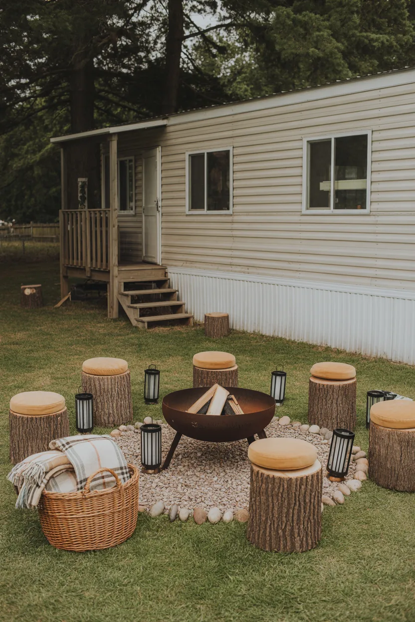 Fire Pit Seating Area With Tree Stump Stools and Blanket Basket
