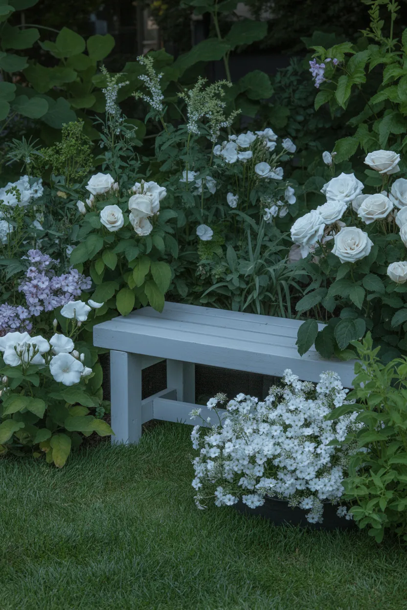 Moonlight Garden Corner with White Flowers