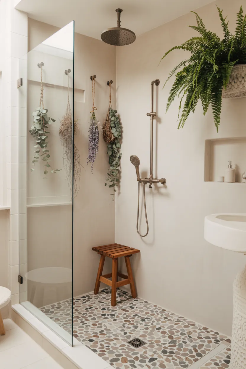 Boho Bathroom With Open Shower and Pebble Mosaic Floor
