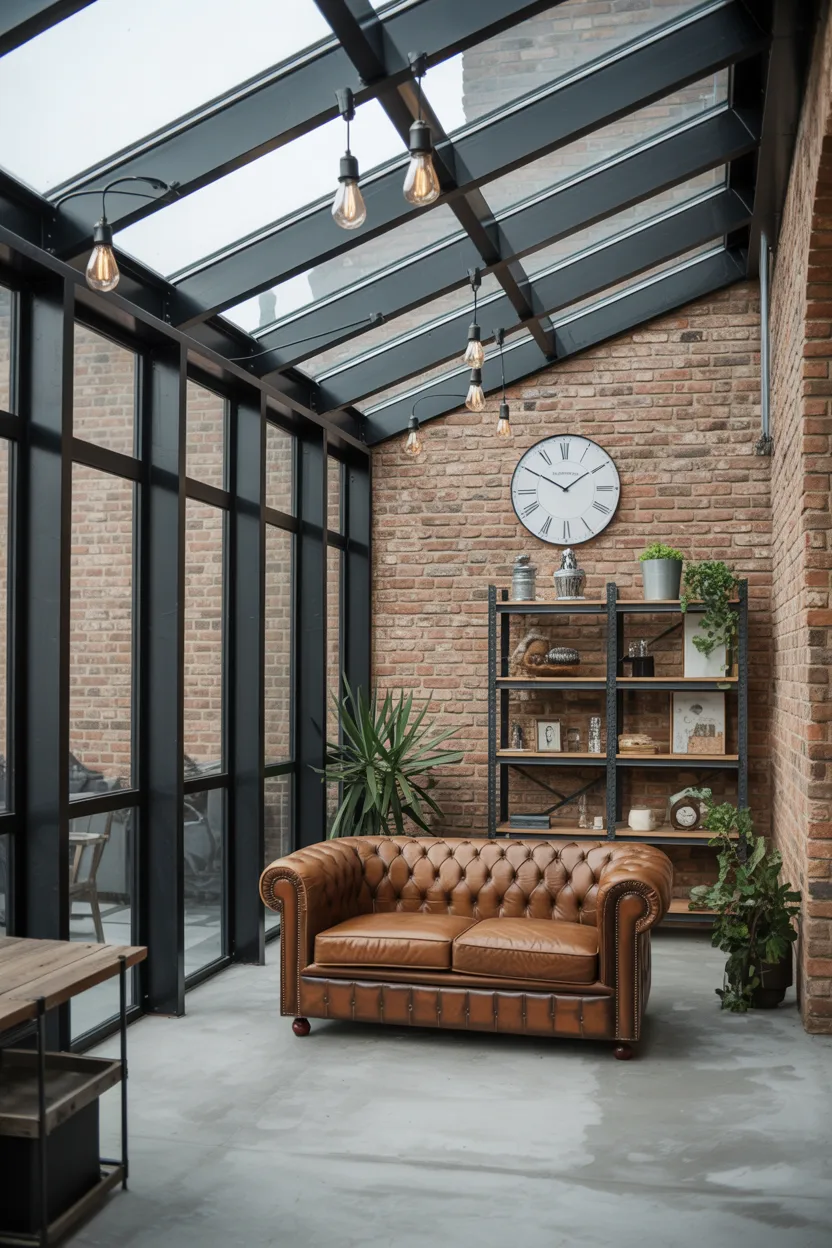 Industrial Sunroom With Black Steel Frames and Exposed Brick