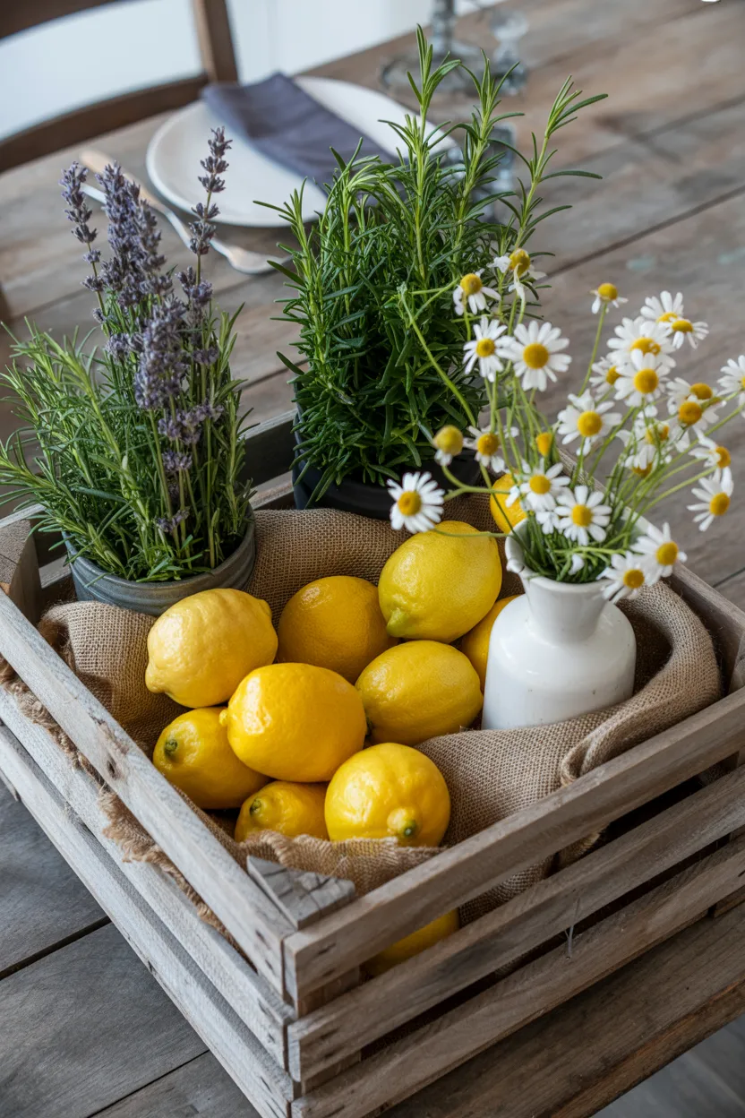 Lemon Centerpiece Ideas Wooden Crate Lemon and Herb Centerpiece