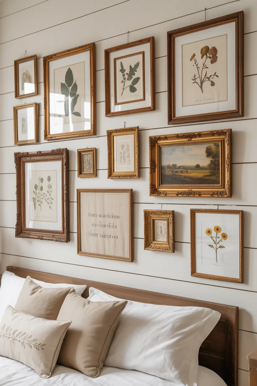 Farmhouse Bedroom With Gallery Wall of Botanical Prints and Antique Frames