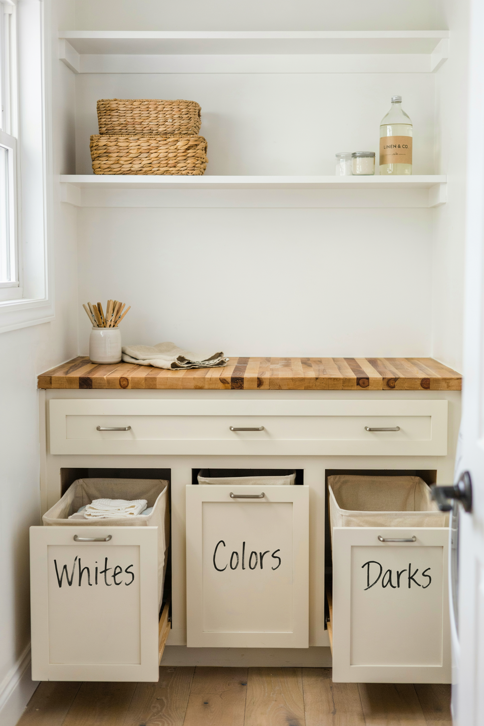Built-In Hamper Drawers for Pre-Sorted Laundry