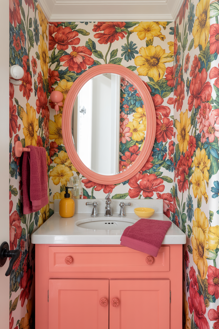 Maximalist Floral Wallpaper With Colored Fixtures