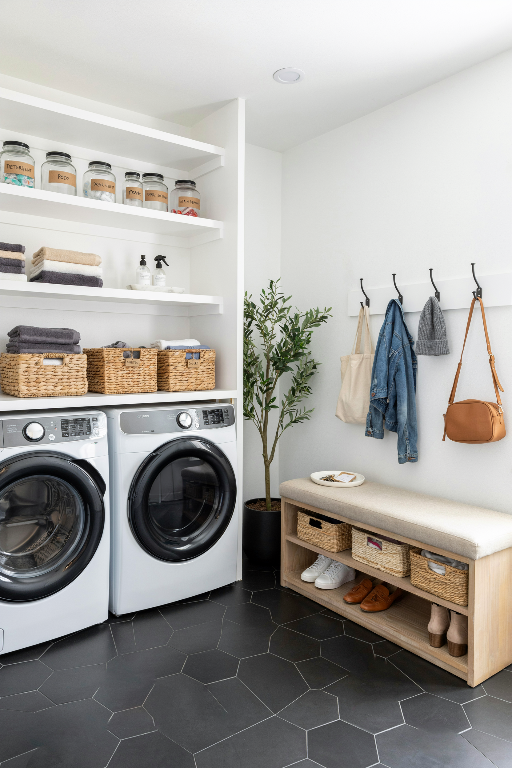 Open Shelving Laundry Zone With Mudroom Bench