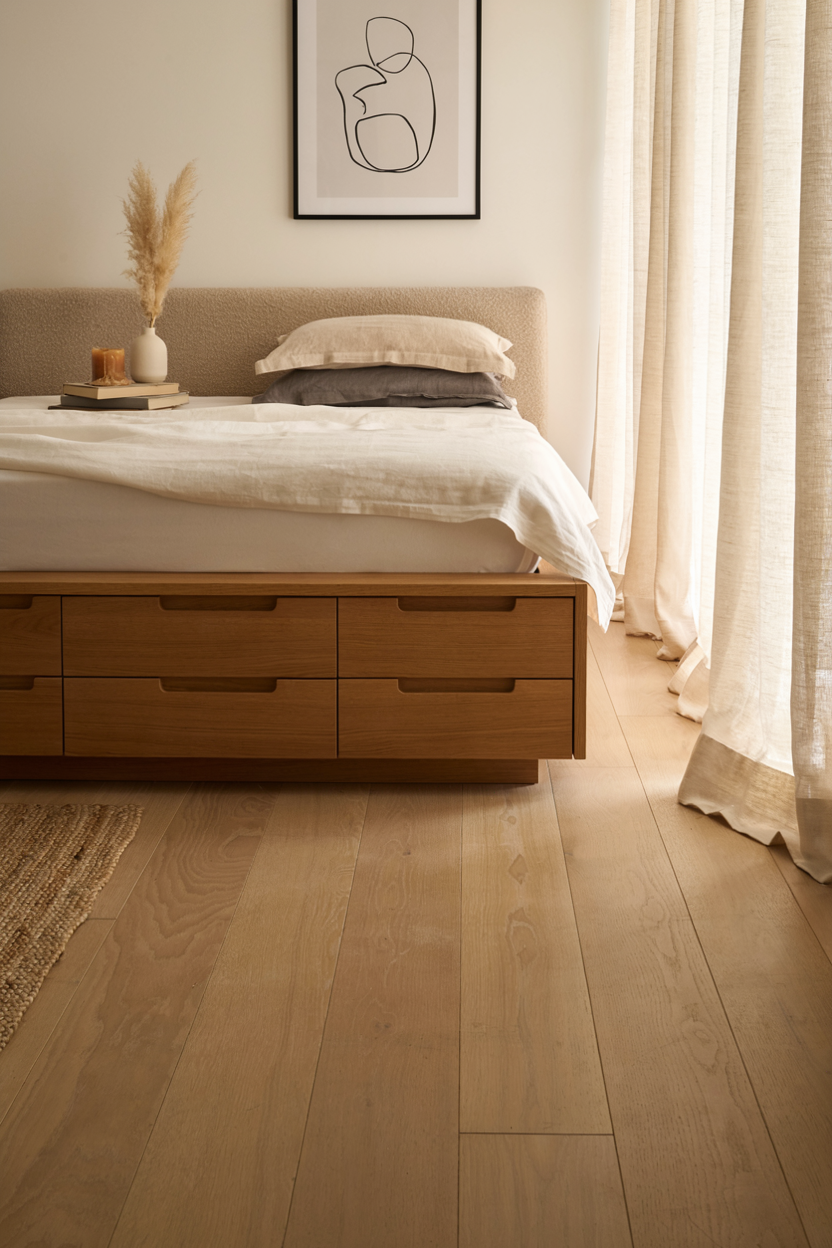 Bed Raised on a Platform with Drawers