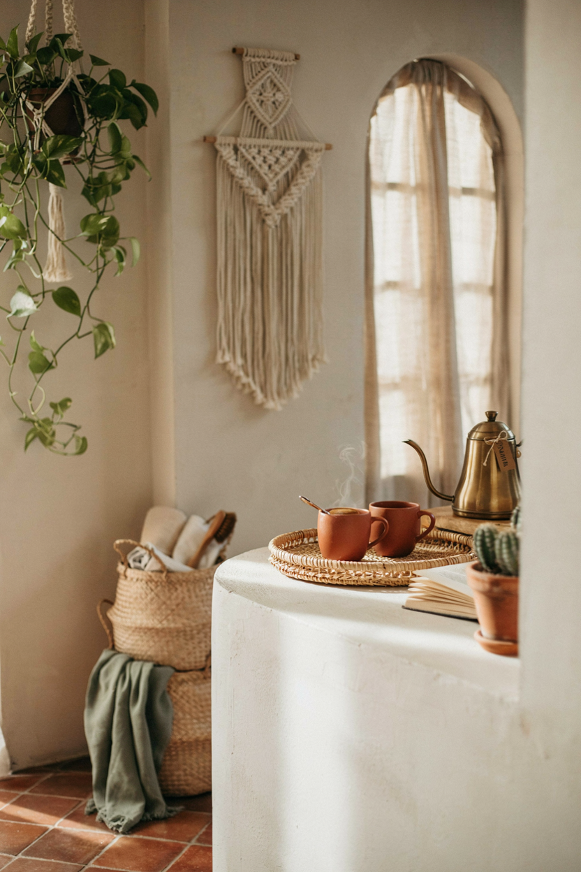 Boho Coffee Nook with Rattan Accents