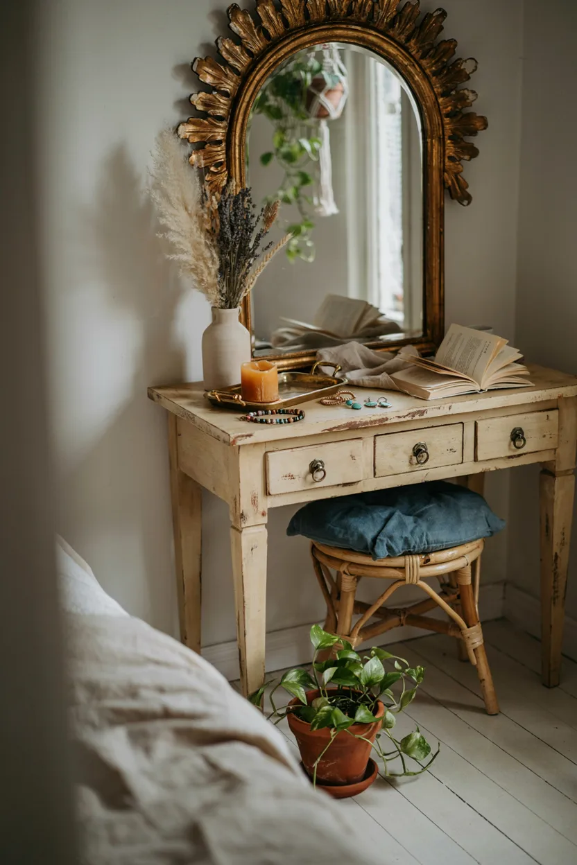 Boho Vanity with Vintage Mirror