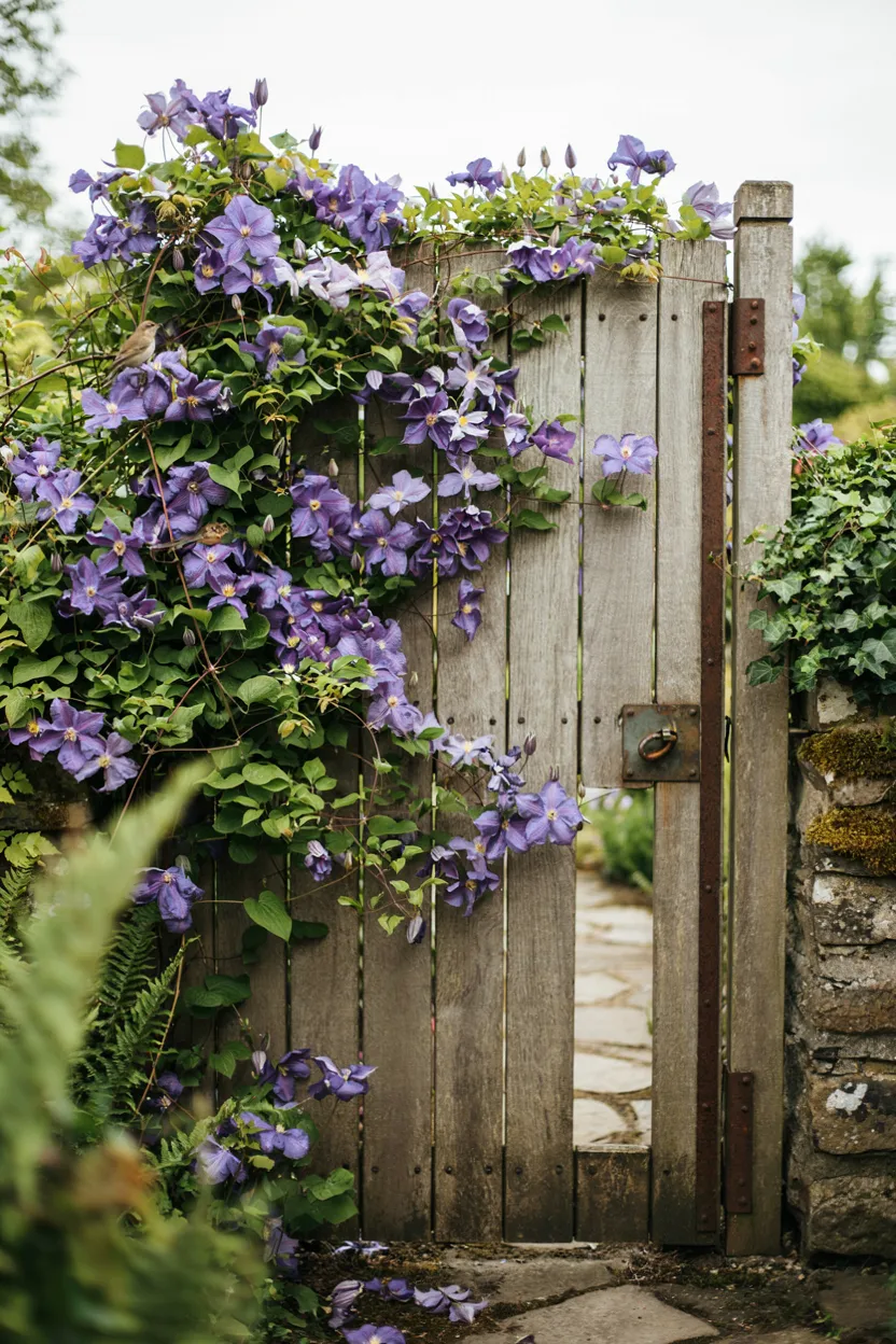  Climbing Clematis on a Garden Gate