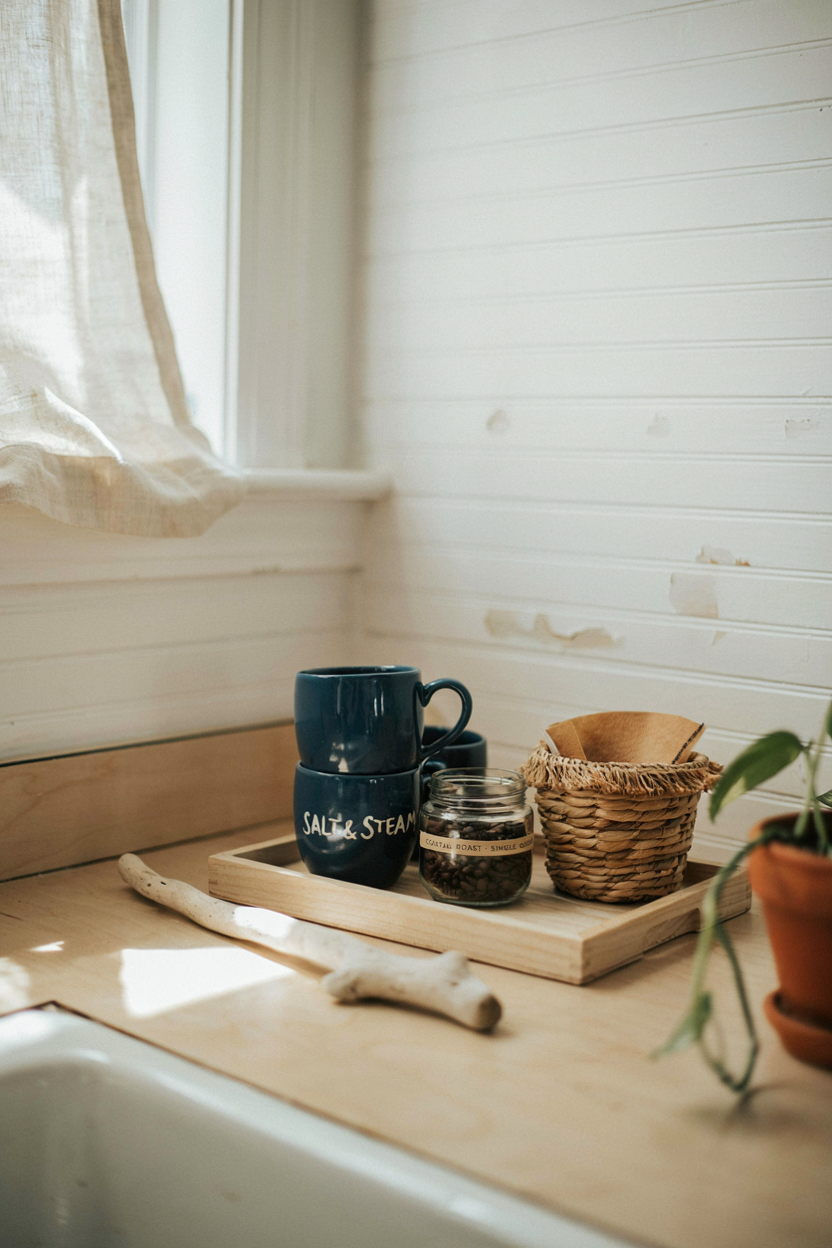 Coastal Coffee Bar with Blue and White Décor