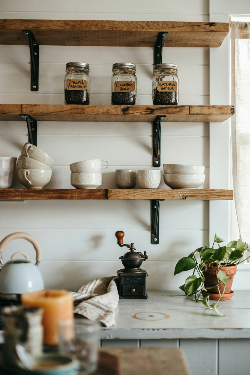 Farmhouse Coffee Bar with Reclaimed Wood Shelves 