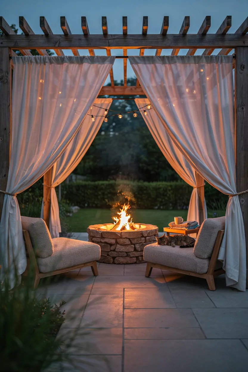 Fire Pit Pergola with Curtains