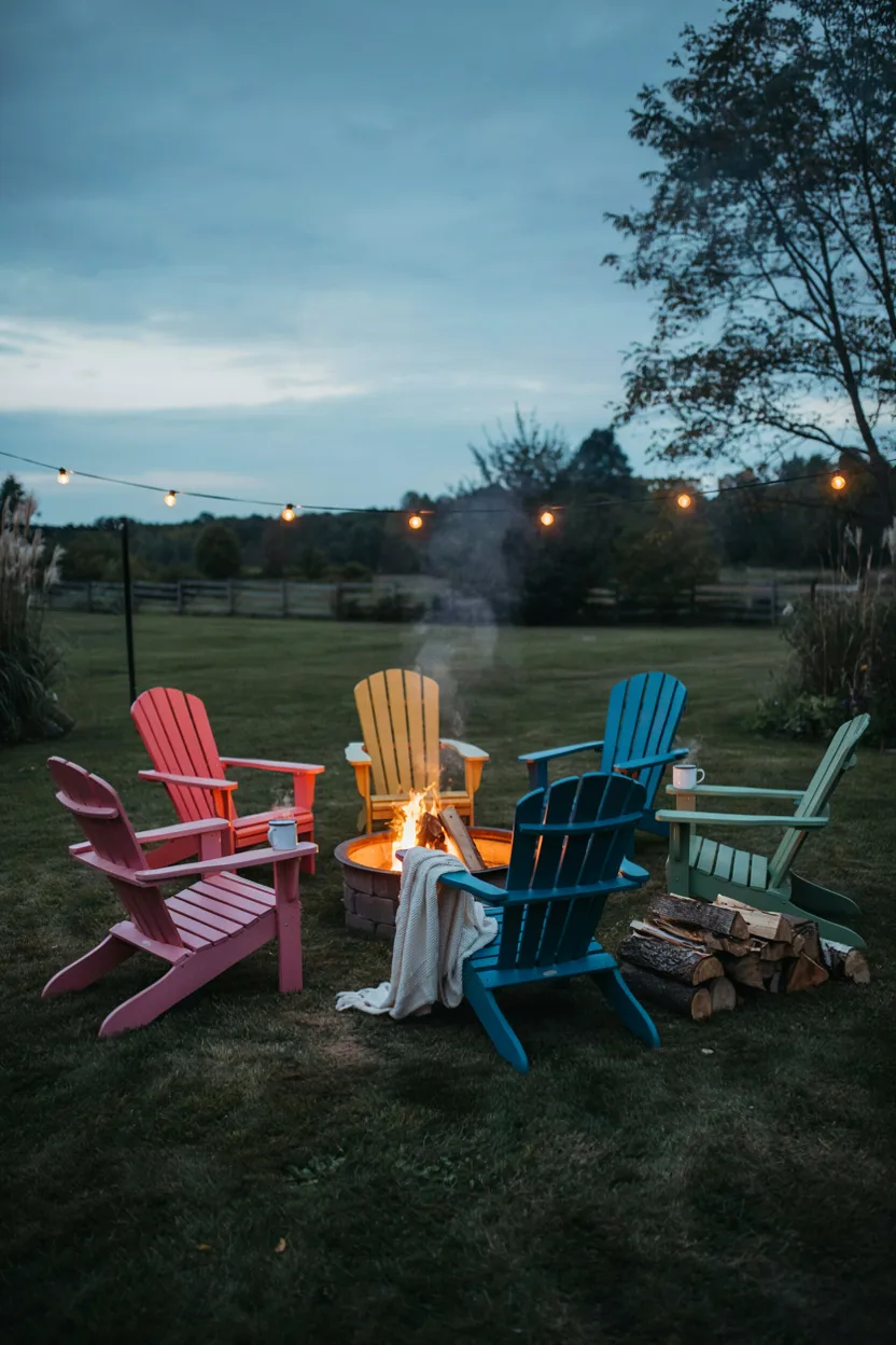 Fire Pit Surrounded by Adirondack Chairs